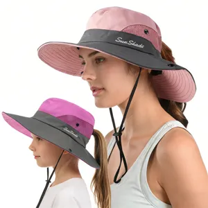 Parent-child outdoor sun hat with ponytail hole, wide brim and windproof chin strap.