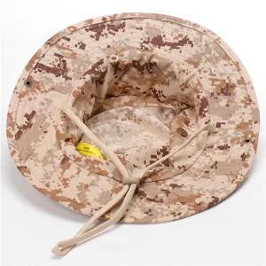 Detailed view of the desert camouflage bucket hat showing inner adjustable drawstring and eyelets.