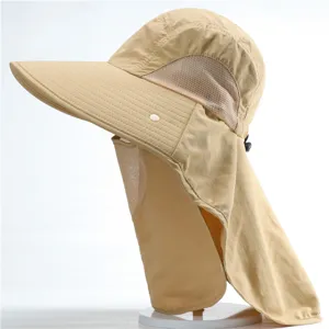 Outdoor sun protection hat detail showing breathable mesh panel and wide brim design.