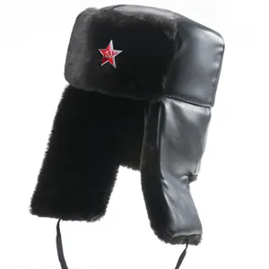 Black faux leather trapper hat with warm faux fur lining and red star badge for winter.