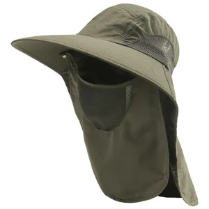 Outdoor sun protection fishing hat detail showing breathable mesh, wide brim and neck flap.