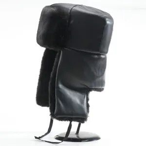 Black PU leather winter trapper hat with soft faux fur lining, warm earflap cap for outdoor cold.