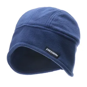 Close-up detail of the thermal fleece winter cap featuring ear flaps and blue windproof fabric.
