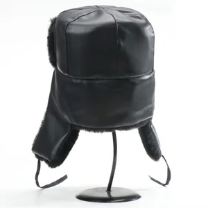 Black PU leather winter ushanka hat with warm plush earflaps, ideal for outdoor cold weather.