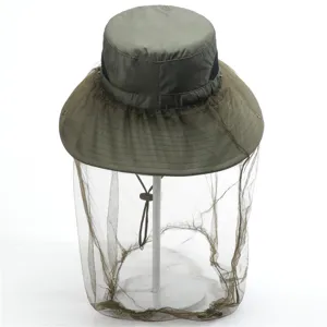 Outdoor mosquito net bucket hat sun protection fishing hiking mesh anti-bug cap green