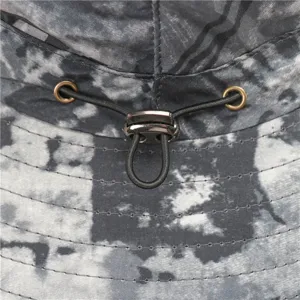Close-up detail view showing the adjustable drawstring and metal eyelets on a grey hat.