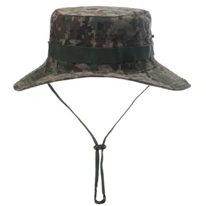 Detailed view of the unisex digital camo bucket hat featuring an adjustable chin strap.