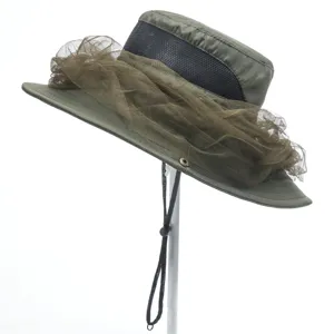 Outdoor anti-mosquito fishing sun hat with mesh veil and breathable crown for hiking.