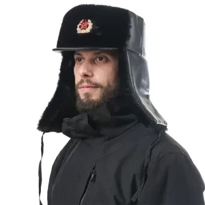 Men's Winter Thickened Warm Bomber Hat PU Leather Faux Fur Ear Flaps Protection Cold Proof Cold Weather Hat