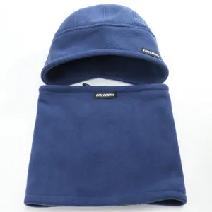 Close-up detail view of the winter fleece thermal hat and neck warmer set in royal blue.