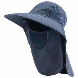 Outdoor sun protection hat with face cover and neck flap, waterproof wide brim cap for hiking.