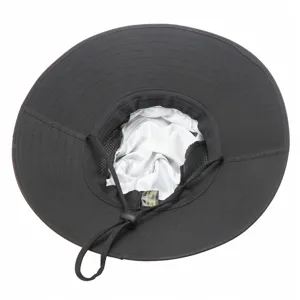 Black sun hat interior detail showing breathable mesh lining and adjustable chin strap.
