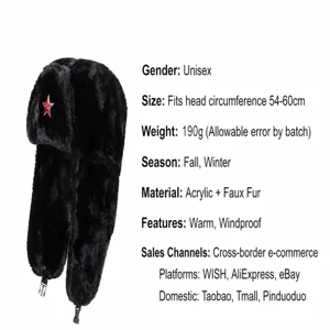 Winter warm black ushanka bomber hat with earflaps and red star badge, detail view.