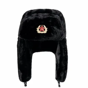 Black faux fur trapper hat with Soviet red star badge, warm winter earflap cap for outdoor.