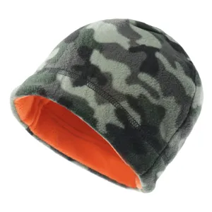 Close-up of the winter warm camouflage fleece beanie with soft orange lining for outdoor wear.