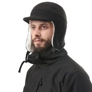 Winter warm fleece hat with earflaps and velcro strap for outdoor cold weather protection.