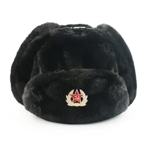 Black faux fur ushanka hat with Soviet red star badge earflap winter warm bomber hat
