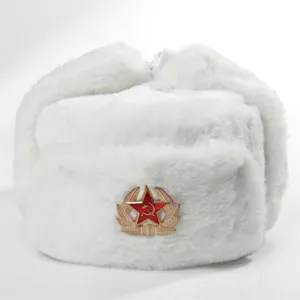 White Ushanka winter hat with Soviet red star emblem, warm thermal earflaps for cold weather.