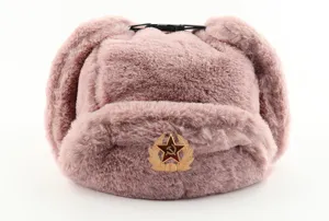 Plush winter ushanka hat with Soviet badge, soft faux rabbit fur, warm earflap trooper cap.