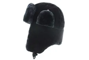 Schwarze Winter Ushanka Bombermütze mit warmen Kunstfell-Ohrklappen, winddichte Outdoor-Kappe.