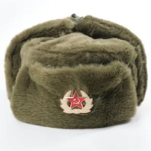 KGB Soviet badge ushanka winter hat, green faux fur thermal earflap cap for outdoor cold.