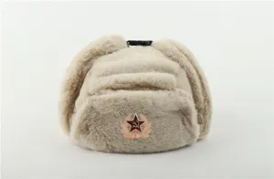 Faux fur ushanka winter hat warm thermal windproof trooper bomber hat with soviet badge