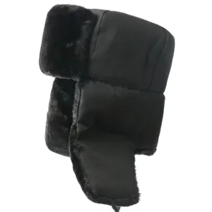 Close-up of black winter ushanka hat showing soft plush faux fur ear flaps and durable shell
