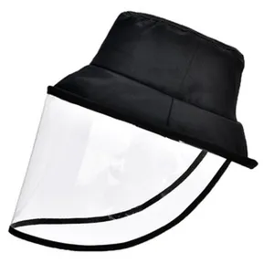 Black bucket hat with clear detachable face shield protective anti-spitting anti-dust sun cap.
