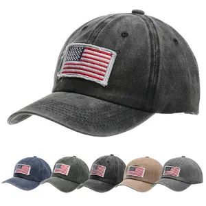 Vintage washed cotton baseball cap with embroidered American flag patch for casual outdoor wear.