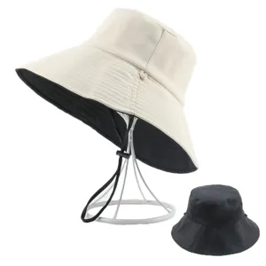 Reversible wide brim bucket hat, solid color sun protection outdoor wear style hat.