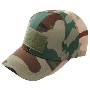 Tactical camo baseball cap with front velcro patch, durable ripstop fabric, military style.