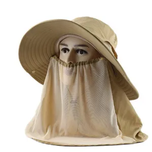 Khaki sun protection hat with breathable face mesh and neck flap for outdoor UV blocking.