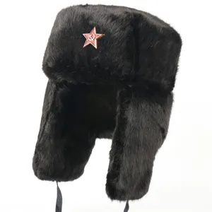 Classic black winter ushanka hat with Soviet red star badge, warm plush ear flaps for outdoor.