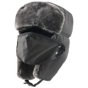 Detailed view of the winter black trapper hat featuring soft faux fur lining and windproof mask.
