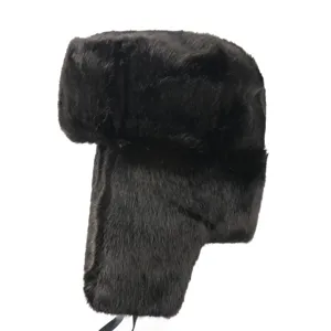 Black faux fur ushanka hat winter warm trooper bomber hat for cold outdoor weather