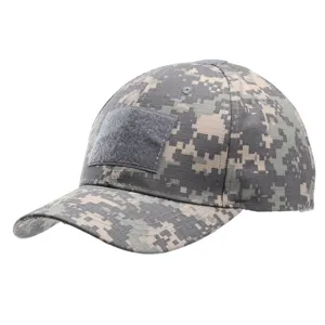 Tactical camouflage baseball cap with loop patch panel for outdoor sports and daily wear.