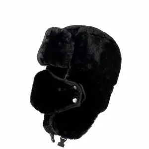 Faux fur trapper hat detail showing earflaps, mask design, and precise 55-60cm head size fit.