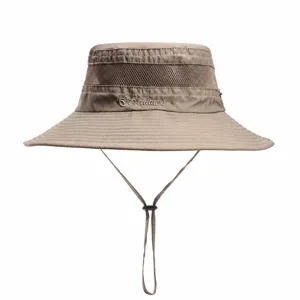 Wide brim bucket hat for summer outdoor sun protection, breathable mesh design with wind rope.