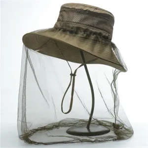 Outdoor mosquito-proof fishing hat with mesh veil, sun protection bucket hat for hiking.