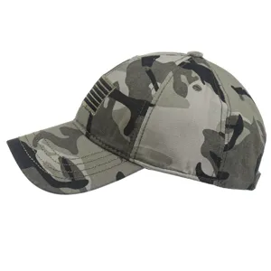 Tactical camouflage baseball cap close up view, durable outdoor sport hat with patch detail