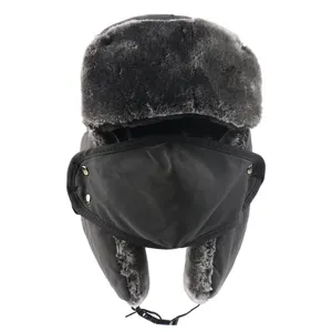 Detailed view of the winter thermal bomber hat with plush ear flaps and detachable face mask.