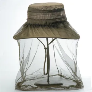 Outdoor anti-mosquito hat detail showing breathable mesh face net and wide brim design.
