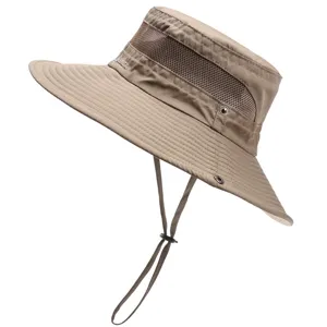 Khaki outdoor sun hat with wide brim, breathable mesh and adjustable chin strap for summer.