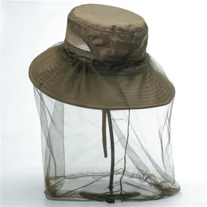 Close-up detail of the outdoor mosquito net fishing hat showing breathable mesh and wide brim.
