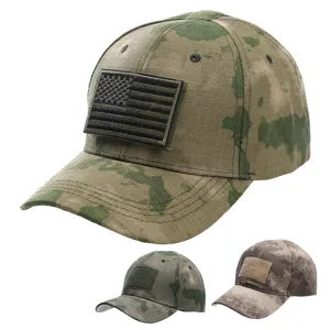 Tactical camo baseball cap with US flag patch and velcro design for outdoor sports.