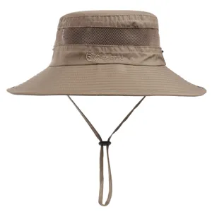 Wide brim khaki bucket hat with mesh ventilation and chin strap for outdoor summer sun protection.