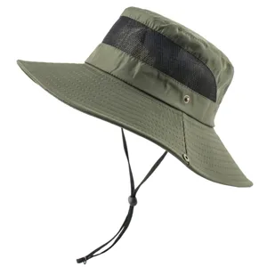 Detail shot of the army green outdoor bucket hat with breathable mesh and chin strap.