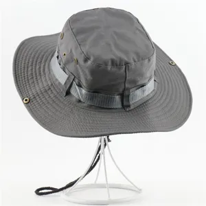 Dark grey outdoor sun hat, casual fisherman cap with breathable eyelets and adjustable strap.