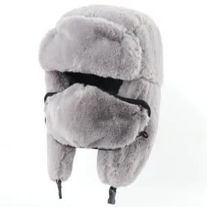 Thickened faux rabbit fur winter bomber hat with earflaps and mask for cold weather protection.