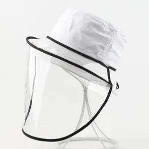 White protective bucket hat with clear face shield, anti-droplet sun protection headwear.